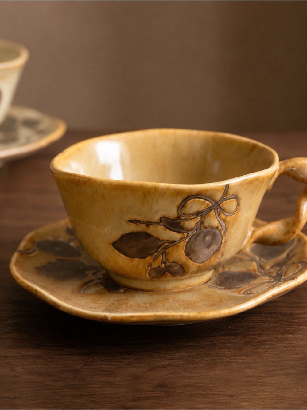 Handcrafted Ceramic Teacup & Saucer in Warm Honey Brown